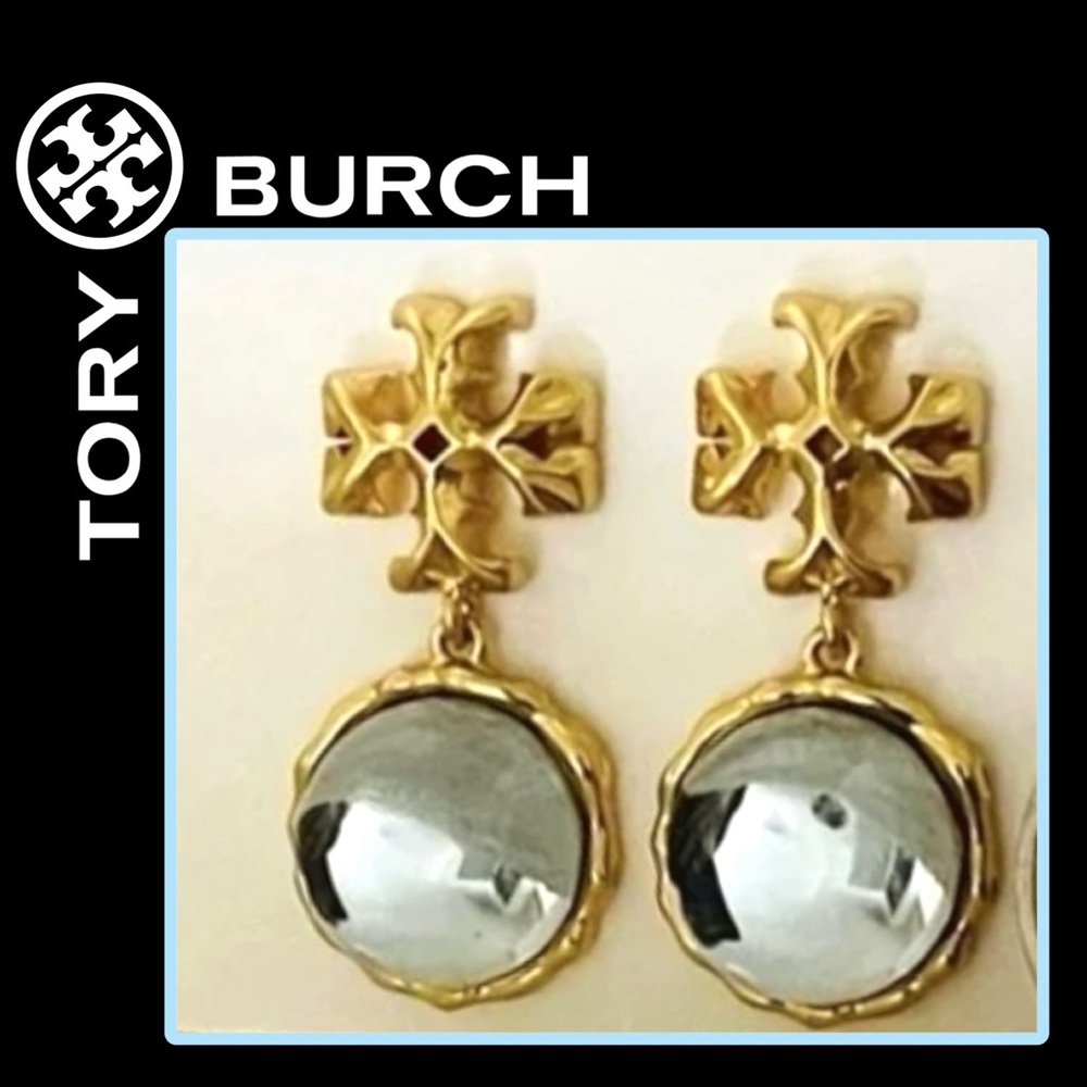 Tory Burch Roxanne Drop Earrings in a light blue color.